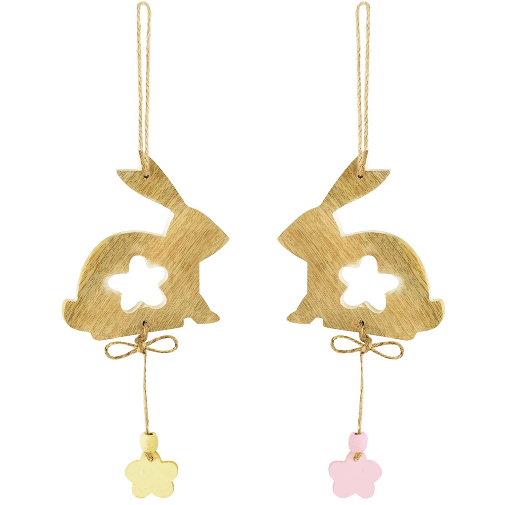 Dekoratief | Hanger konijn, hout, naturel/geel, 10x10cm, set van 2 stuks | A200794