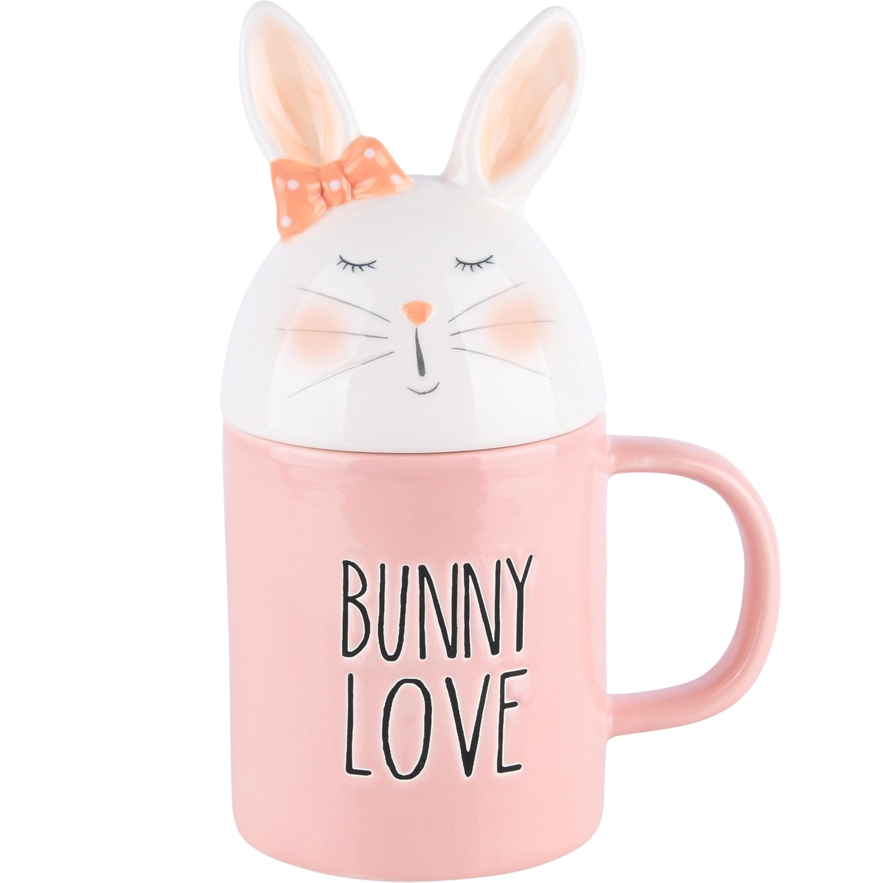 Dekoratief | Mok m/deksel 'Bunny Love', wit/roze, keramiek, 13x9x18cm | A220409