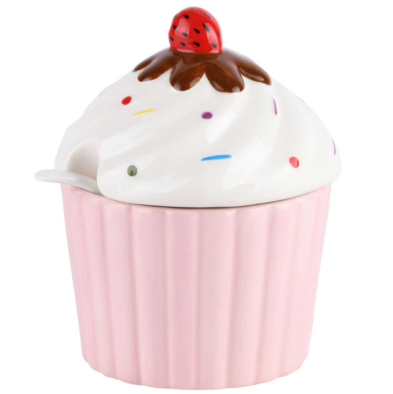 Dekoratief | Suikerpotje m/lepel milkshake, wit/roze, keramiek, 10x10x13cm | A220415
