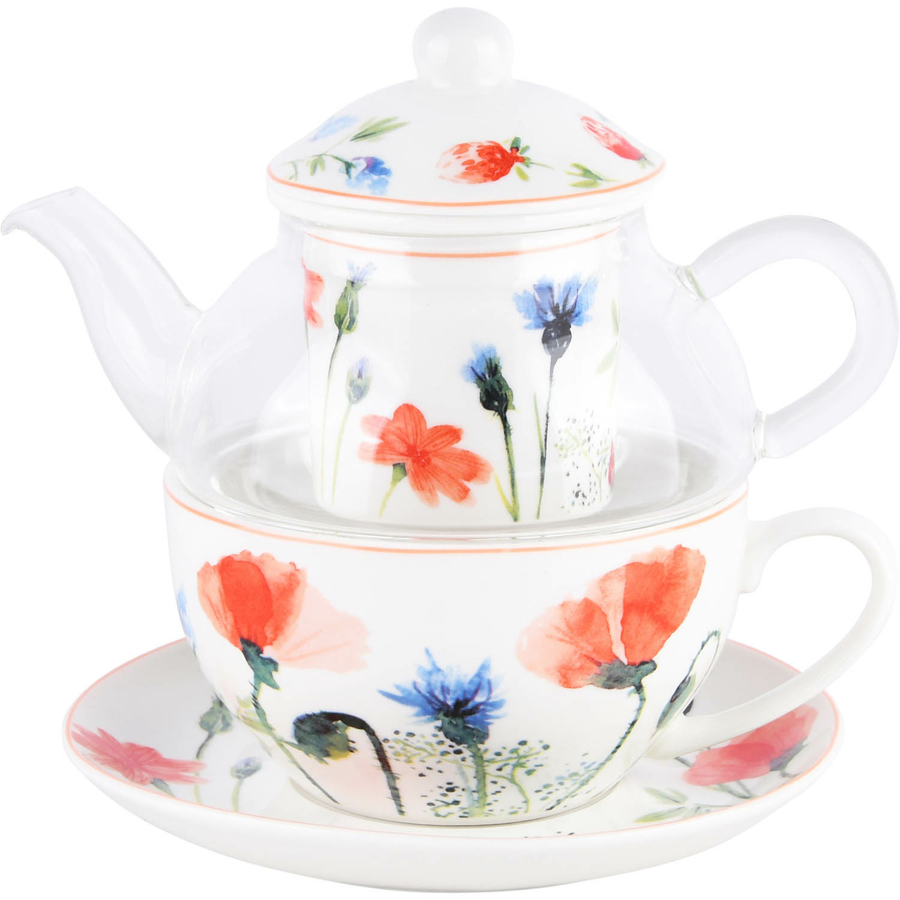 Dekoratief | Tea for one 'Poppies', glas/porselein | A220643