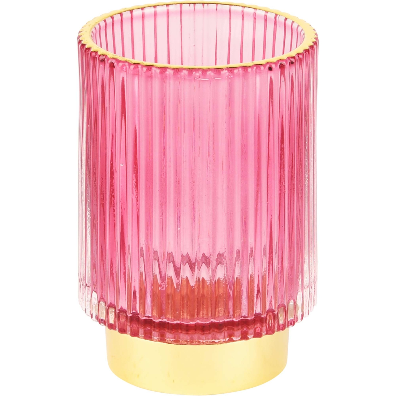 Dekoratief | Theelichtglas geribbeld op voet, roze/goud, 9x9x13cm | A225029