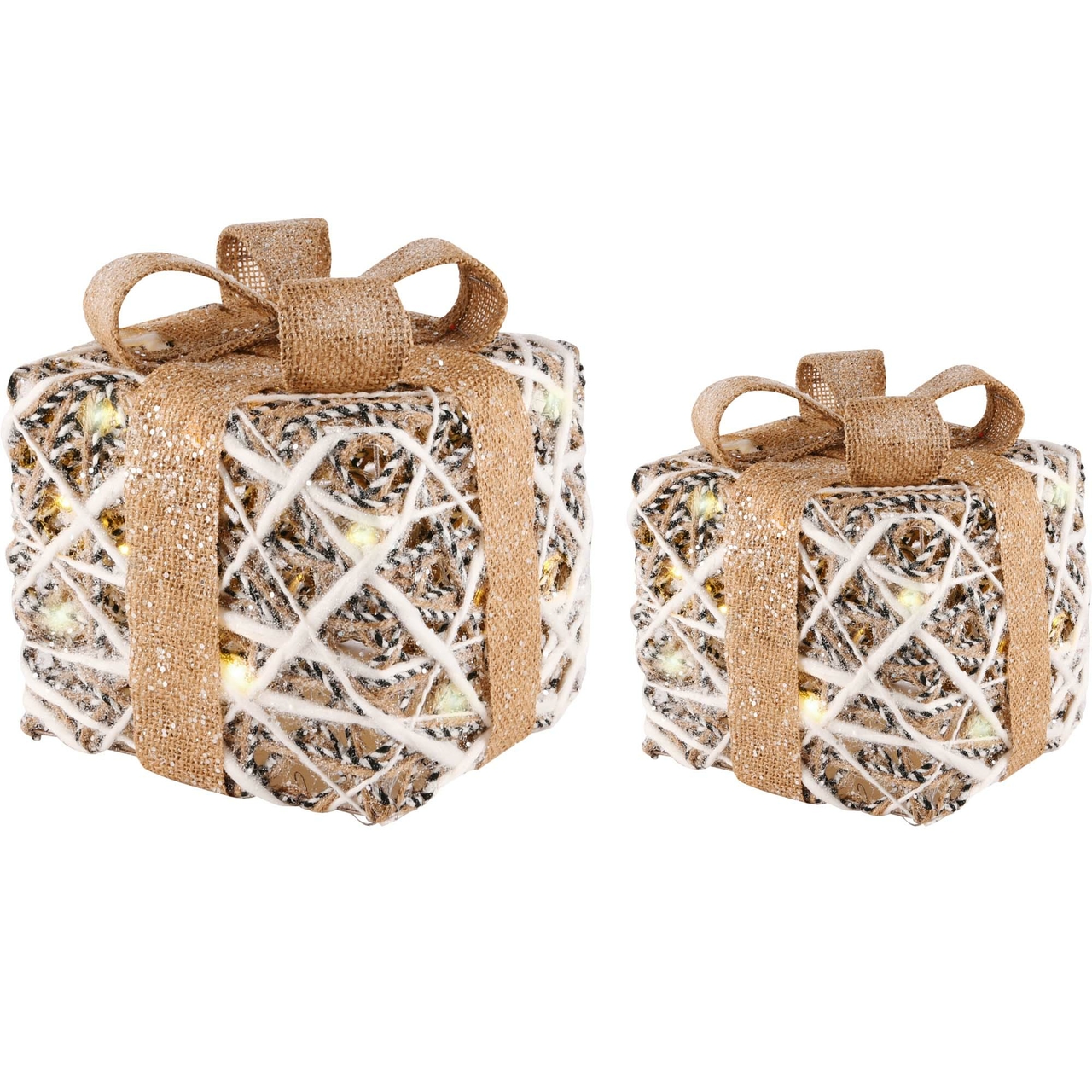 Dekoratief | Set 2 cadeautjes, goud/glitter, rotan, LED, 20x20x25cm | A225046