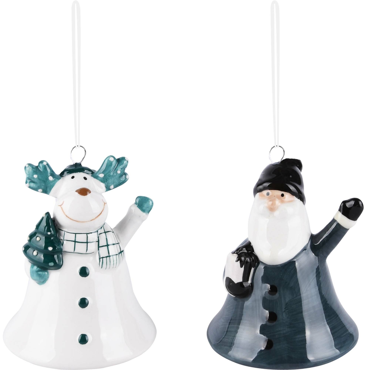 Dekoratief | Hanger bel rudolf/santa, blauw/wit, keramiek, 6x6x8cm, set van 2 stuks | A225364