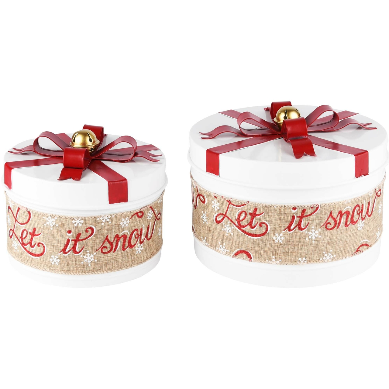 Dekoratief | Set 2 dozen rond 'Let it Snow', wit, metaal/jute, 21x21x13cm | A225737