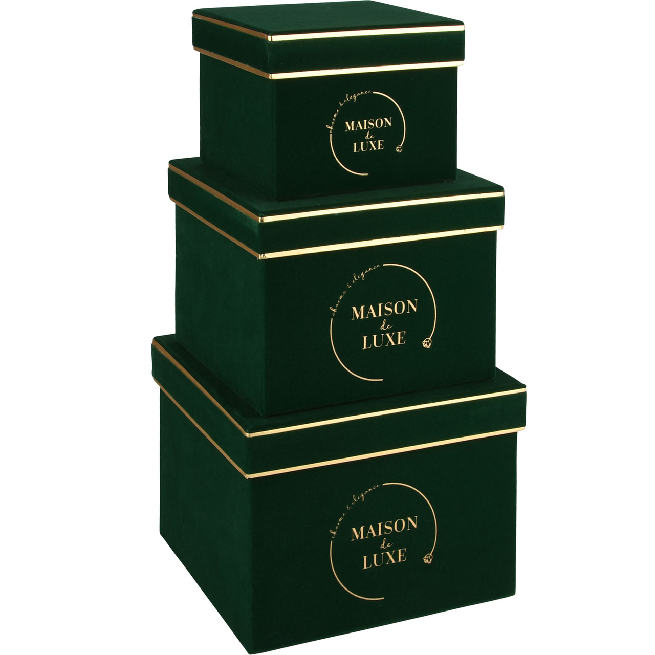 Dekoratief | Set 3 dozen vierkant, 'Maison De Luxe', groen, 18x18x14cm | A225889