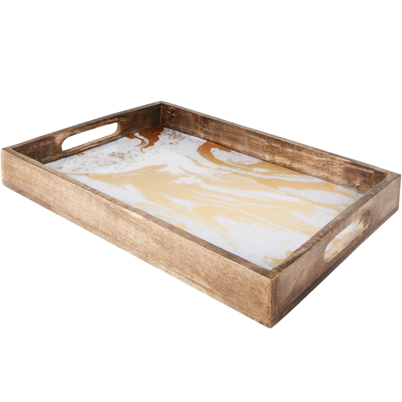 Dekoratief | Dienblad rechthoek 'Marbled', wit/goud, hout, 36x27x5cm | A228089