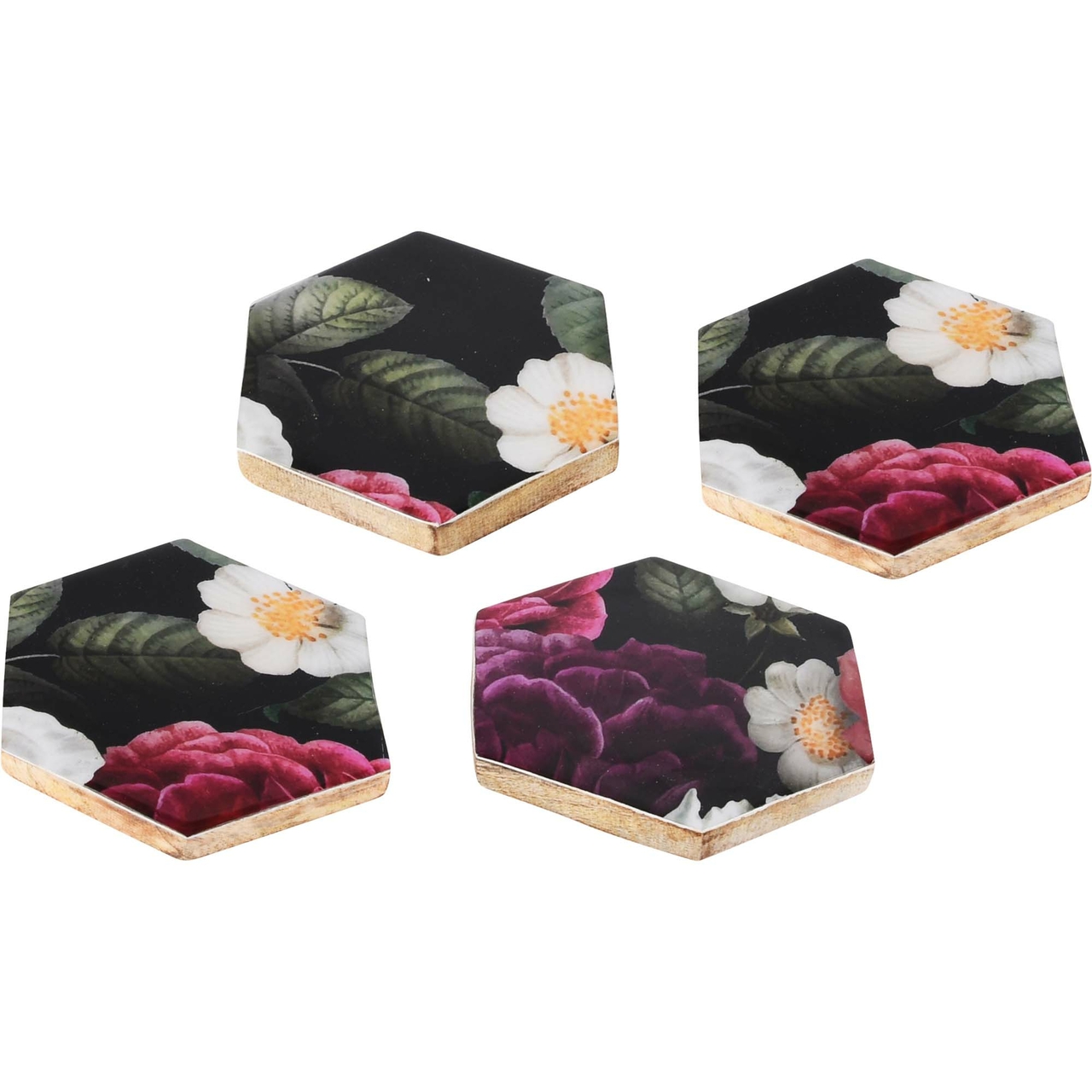 Dekoratief | Set 4 coaster 'Flowers Opulence', hout, 10x10x1cm | A228097