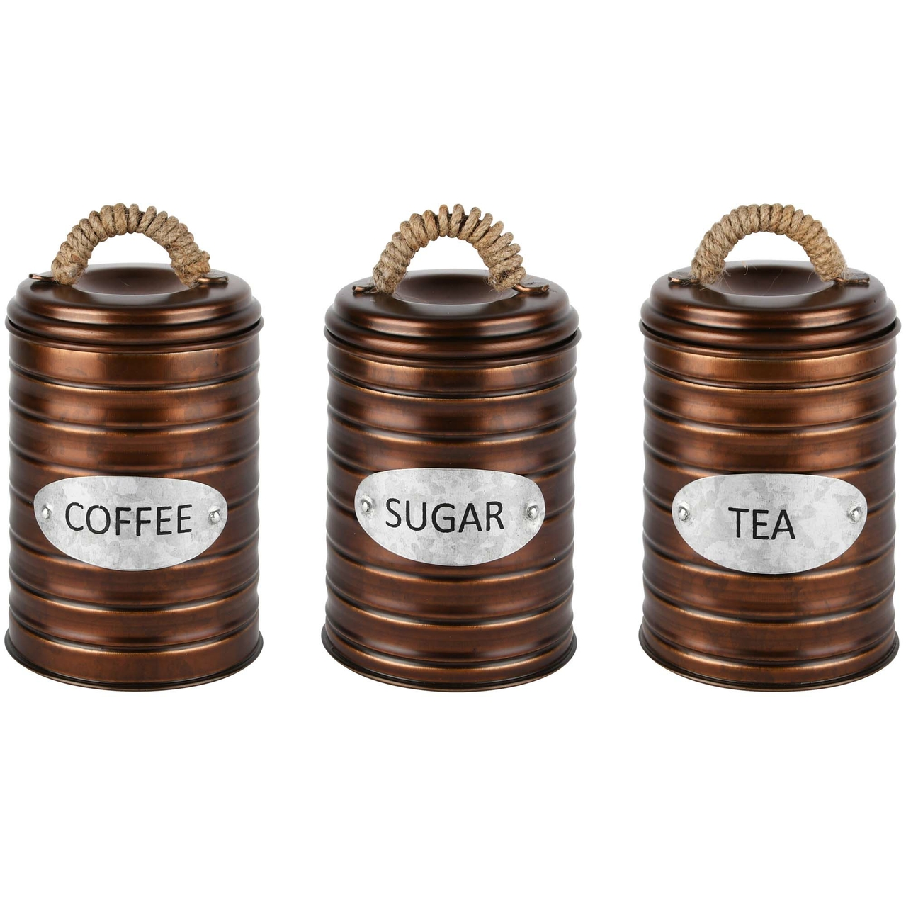 Dekoratief | Bewaarpot 'Coffee/Tea/Sugar', brons, metaal, 10x10x14cm, set van 3 stuks | A228206