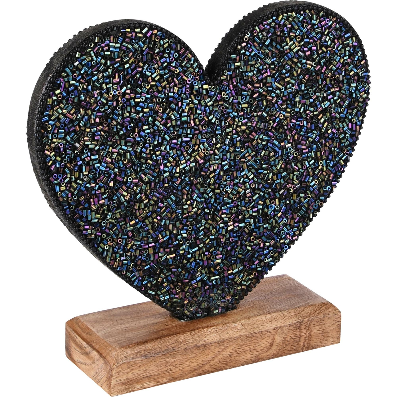 Dekoratief | Deco hart op voet, zwart/naturel, parels/hout, 20x19x5cm | A228269