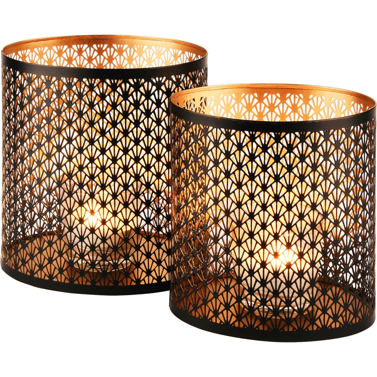 Dekoratief | Set 2 Waxinelichthouders 'Hidden Rombus', zwart/goud, metaal, 18x13x20cm | A228329