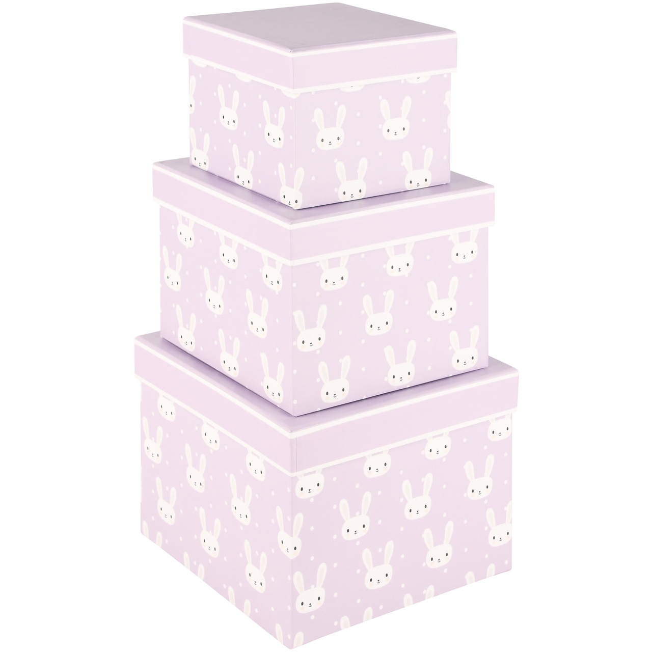 Dekoratief | Set 3 dozen vierkant 'Bunny Love', lila/wit, 19x19x14cm | A230230