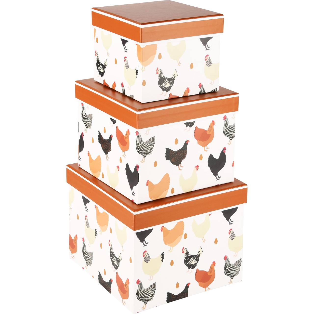 Dekoratief | Set 3 dozen vierkant 'Chickens Around', bruin/wit, 19x19x14cm | A230234
