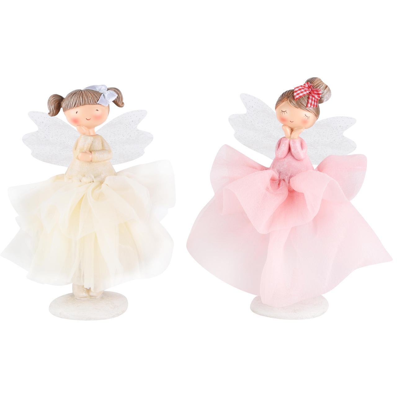 Dekoratief | Engeltje staand m/fluffy rokje, roze/wit, resina, 16x16x23cm, set van 2 stuks | A230373