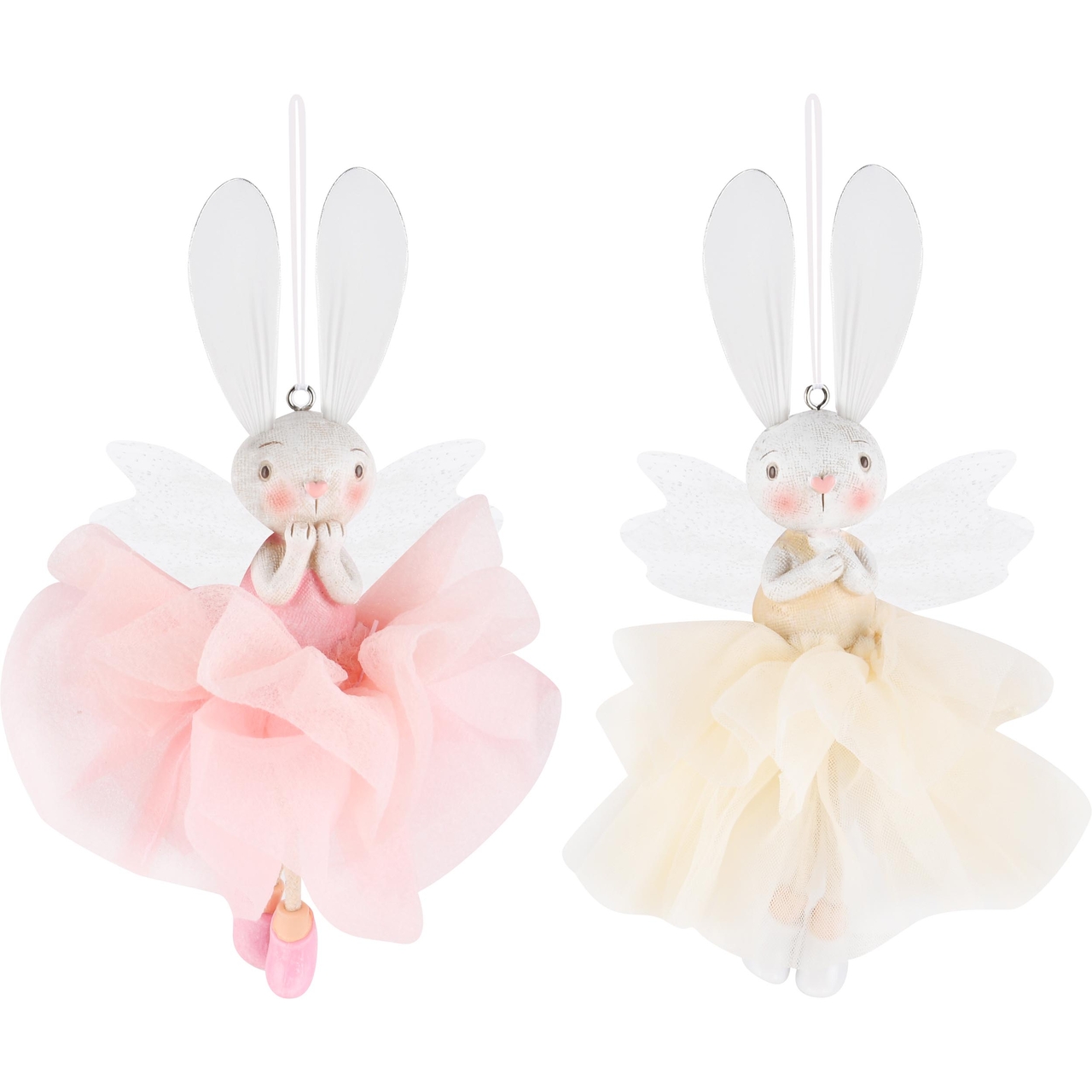 Dekoratief | Hanger bunny m/fluffy rokje, roze/wit, resina, 12x12x22cm, set van 2 stuks | A230376