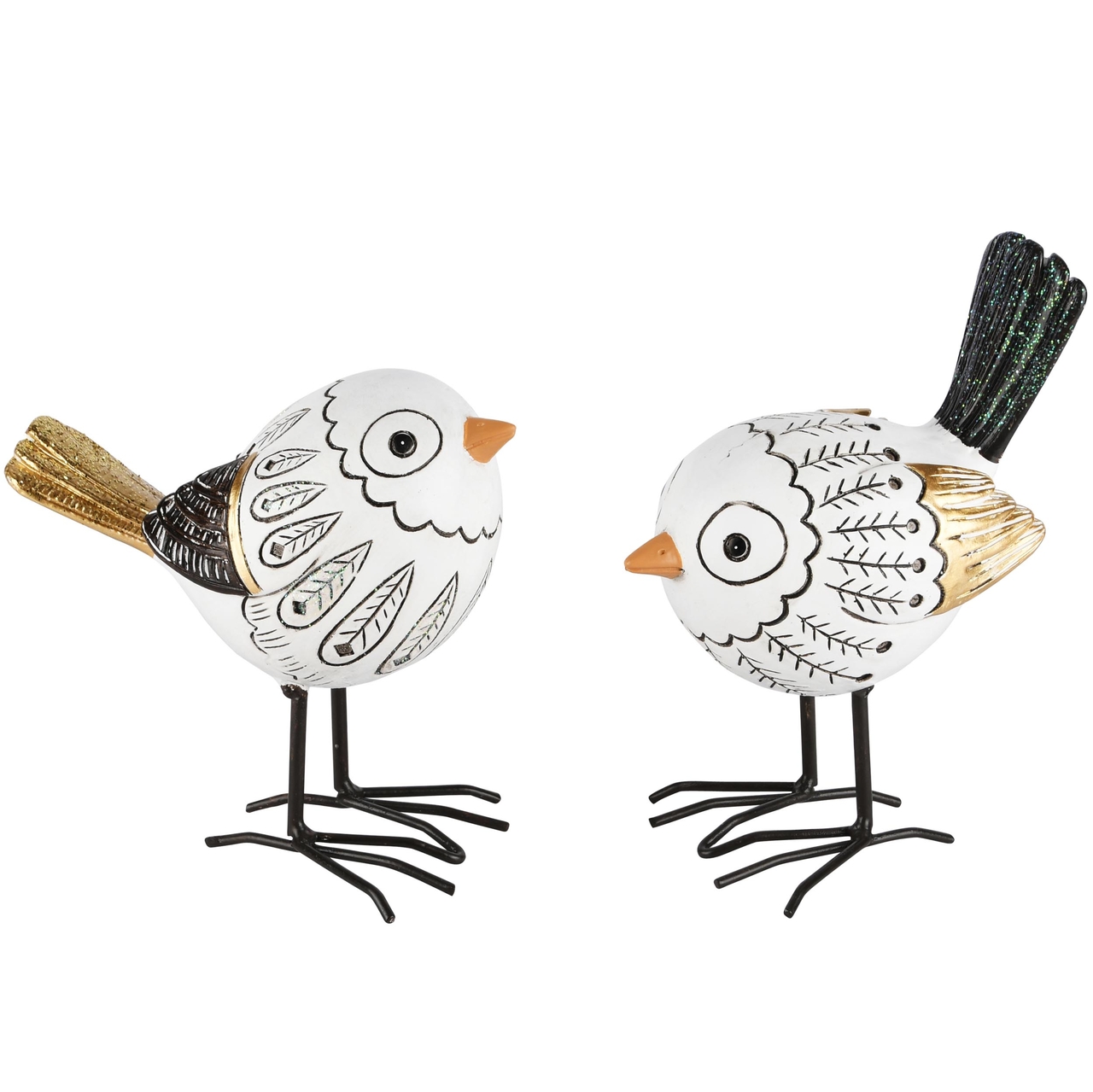 Dekoratief | Vogeltje 'Becky', wit/zwart/goud, resina, 12x7x13cm, set van 2 stuks | A230400
