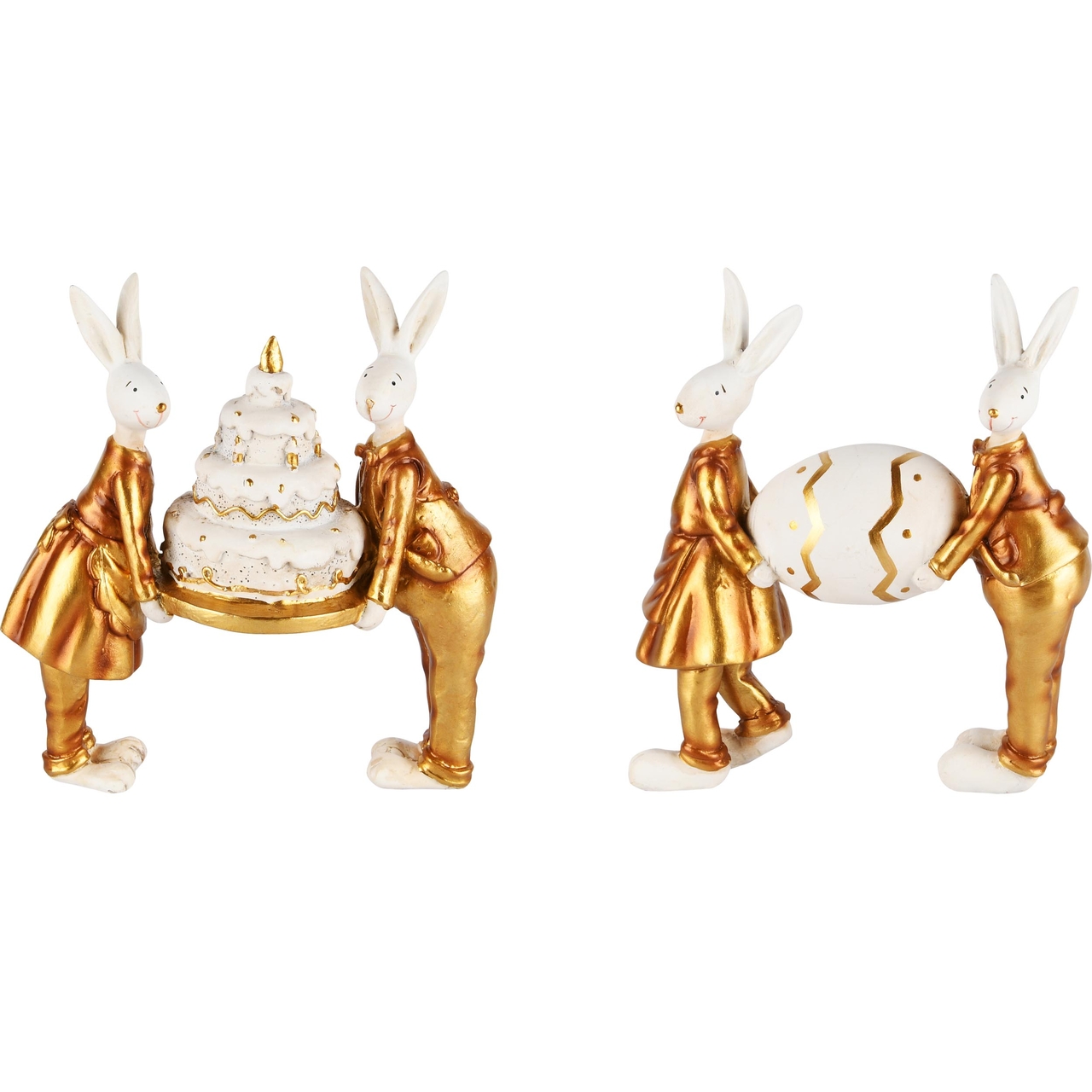 Dekoratief | Bunnies m/taart/paasei, goud/wit, resina, 16x8x19cm, set van 2 stuks | A230519