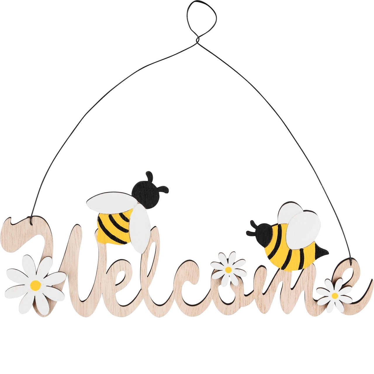Dekoratief | Hanger 'Welcome' m/bijen, naturel/geel, hout, 26x1x18cm | A230631