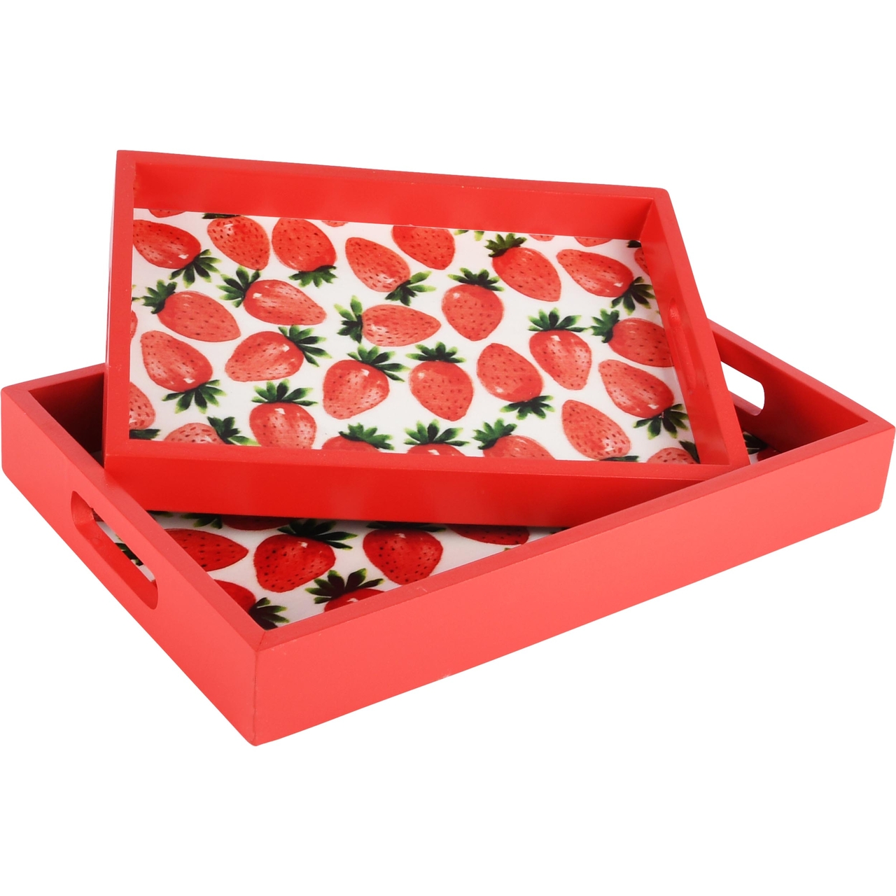 Dekoratief | Set 2 dienbladen 'Strawberries', rood/wit, hout, 30x22x4cm | A230663