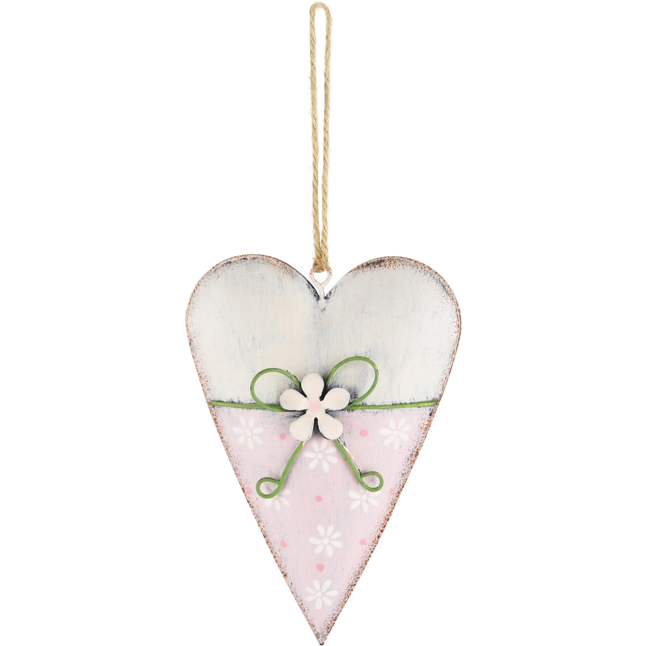 Dekoratief | Hanger hart m/strikje, roze/wit, metaal, 11x8x3cm | A230680