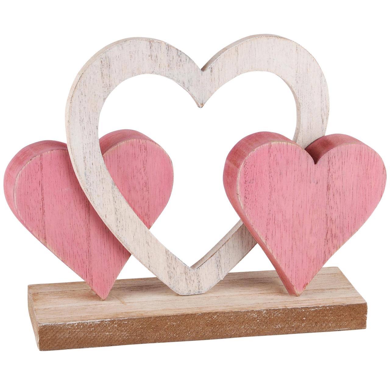 Dekoratief | Trio harten op voet, roze/wit, hout, 20x16x6cm | A230683