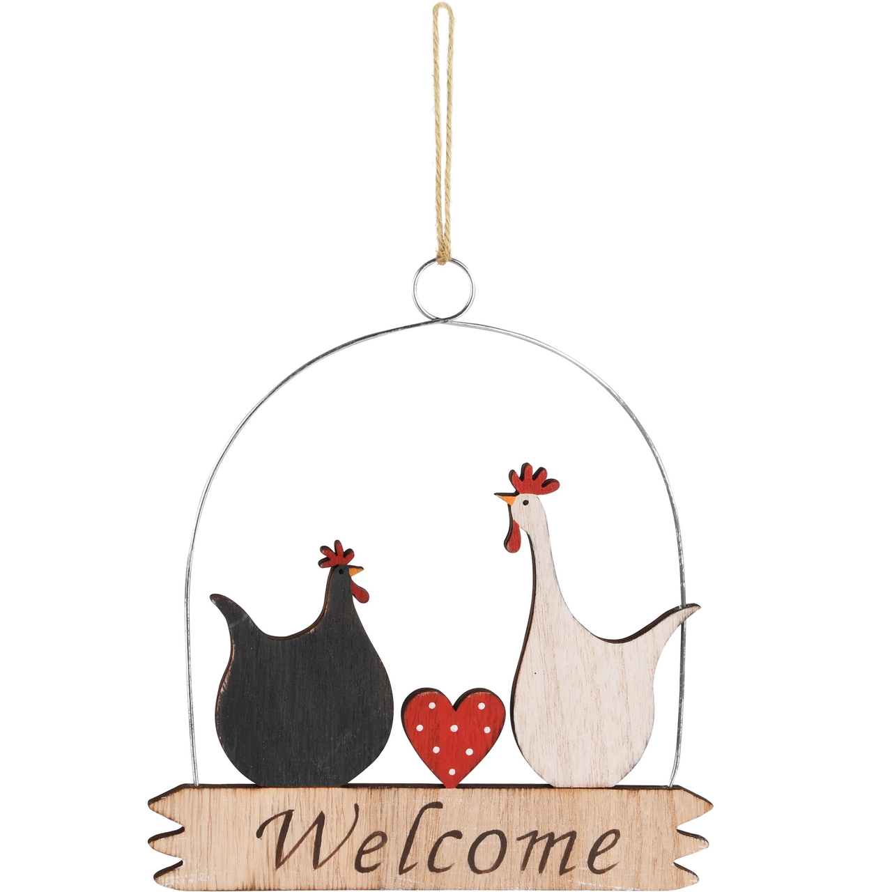 Dekoratief | Hanger m/kippen 'Welcome', zwart/wit, hout, 21x19x7cm | A230686