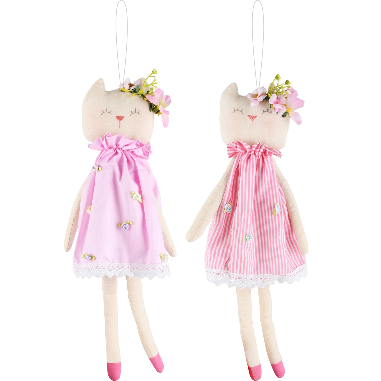 Dekoratief | Hanger poes m/jurkje, roze, stof, 18x10x25, set van 2 stuks | A230807