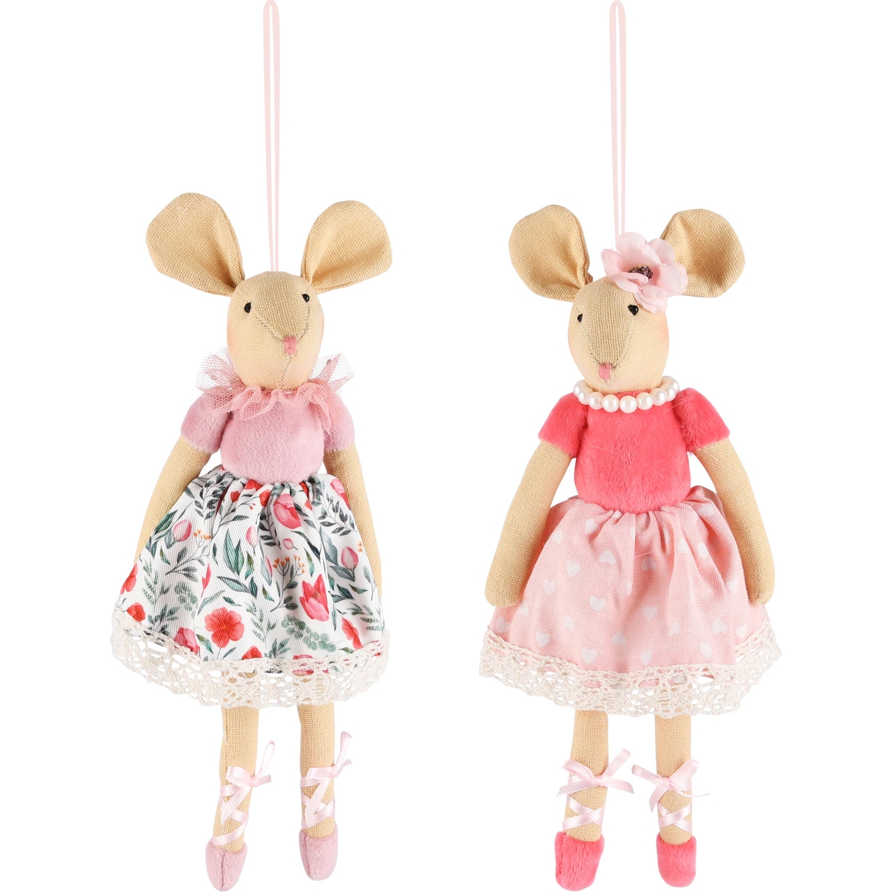 Dekoratief | Hanger muis m/jurkje, roze, stof, 23cm, set van 2 stuks | A230808
