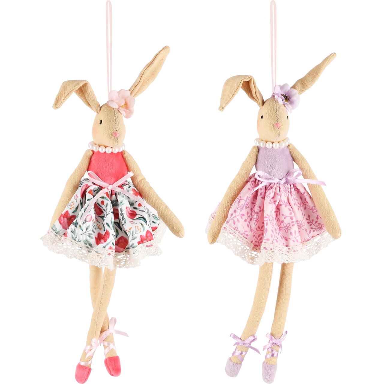 Dekoratief | Hanger bunny m/jurkje, roze, stof, 29cm, set van 2 stuks | A230809