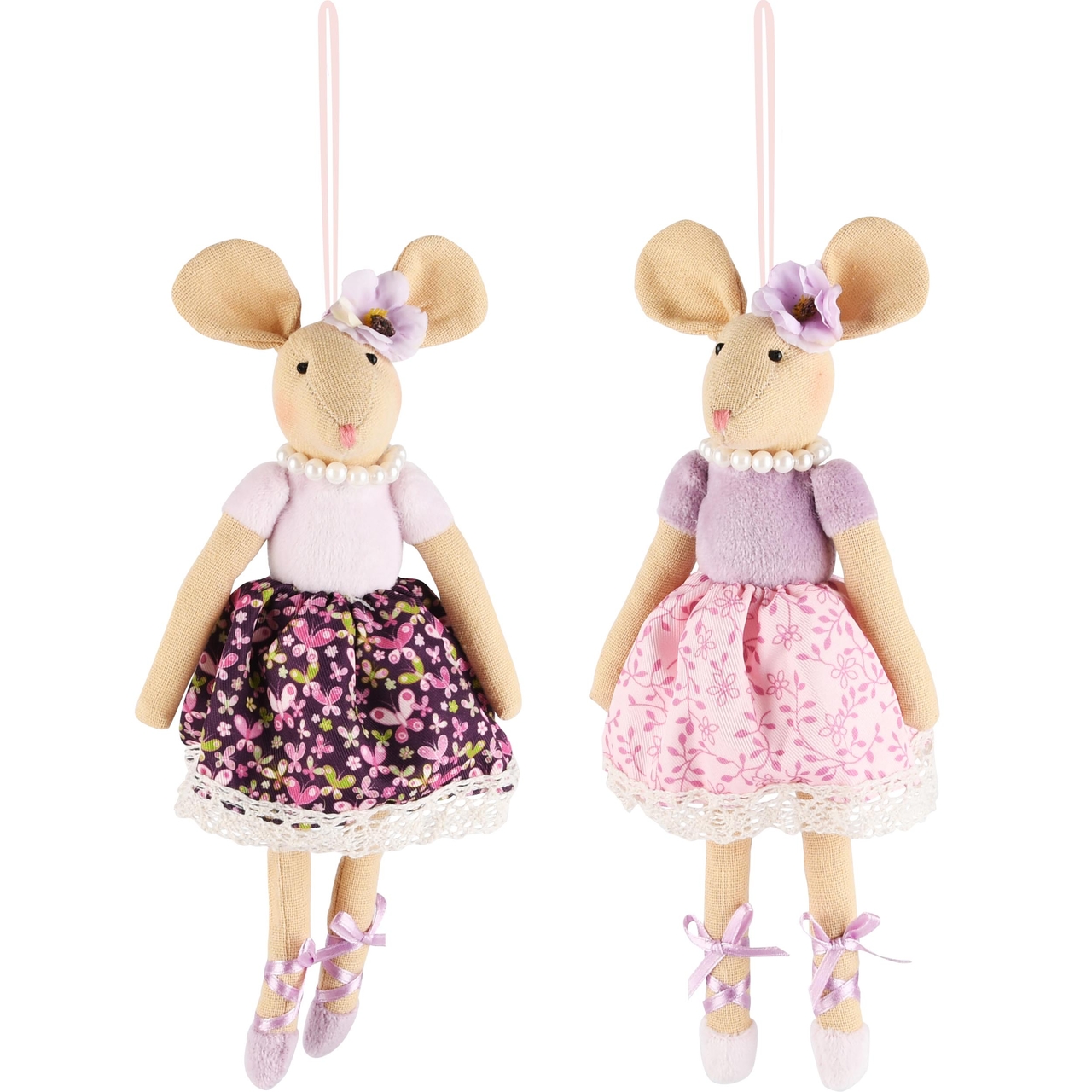 Dekoratief | Hanger muis, roze, stof, 23cm, set van 2 stuks | A230814