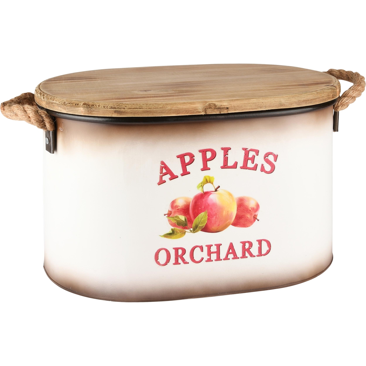 Dekoratief | Bak ovaal m/deksel, 'Apples Orchard', wit, metaal/hout, 37x27x21cm | A235007