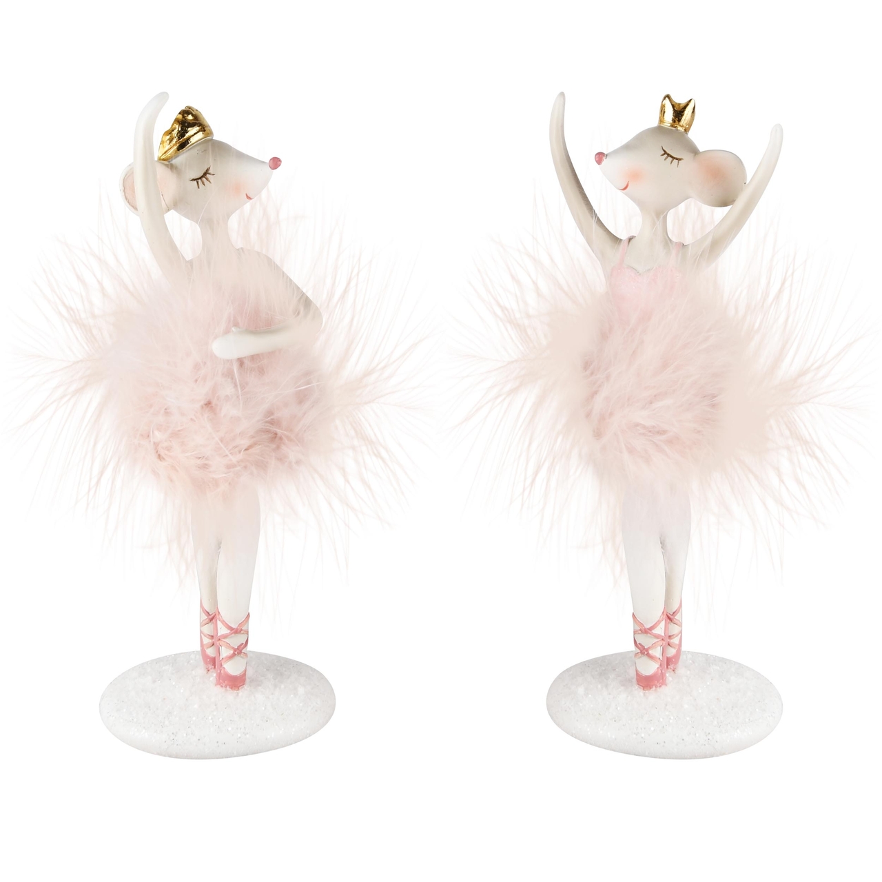 Dekoratief | Muis ballerina m/fluffy rokje, wit/roze, resina, 7x7x20cm, set van 2 stuks | A235274