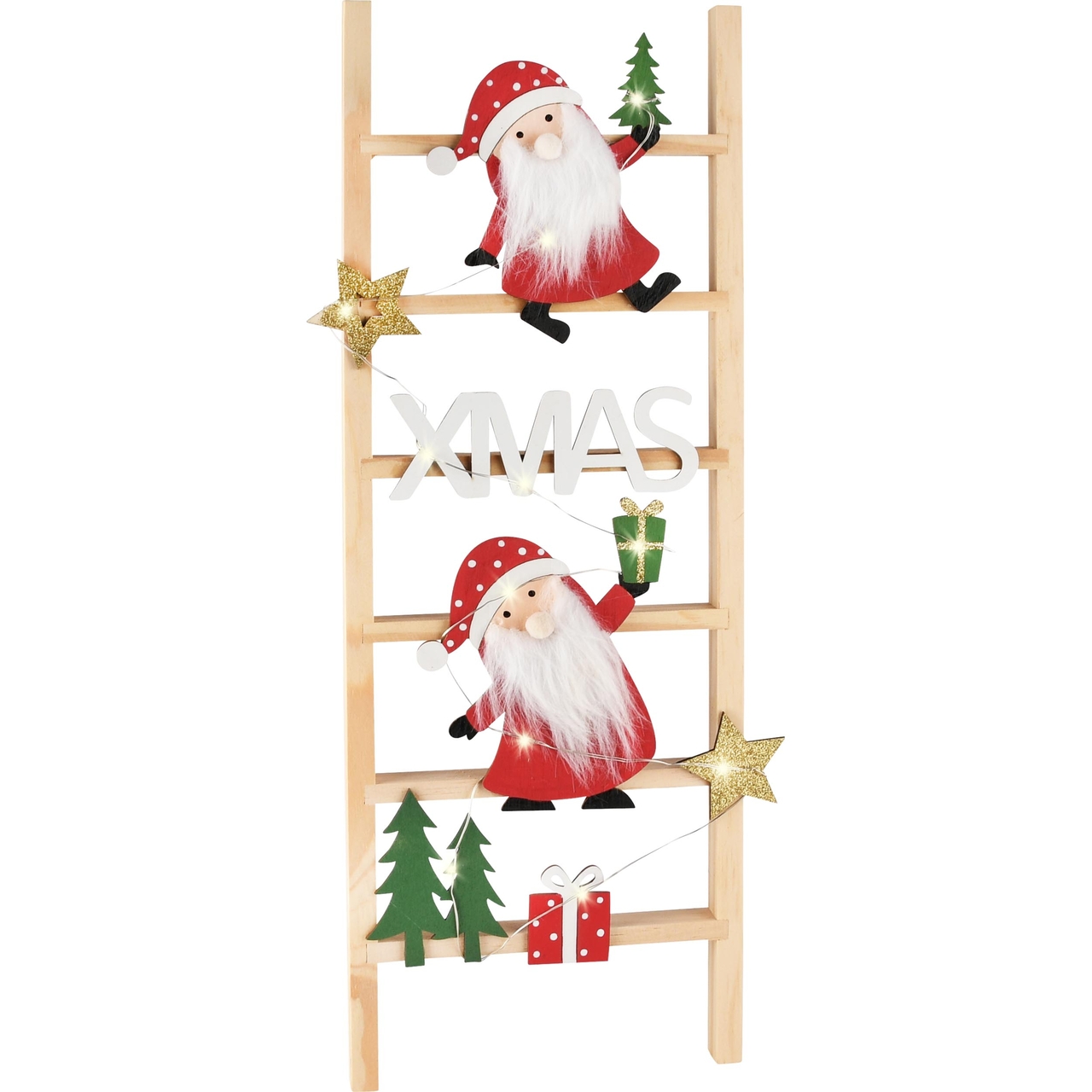 Dekoratief | Deco ladder m/santa's, naturel/rood, hout, LED, 17x2x48cm | A235321