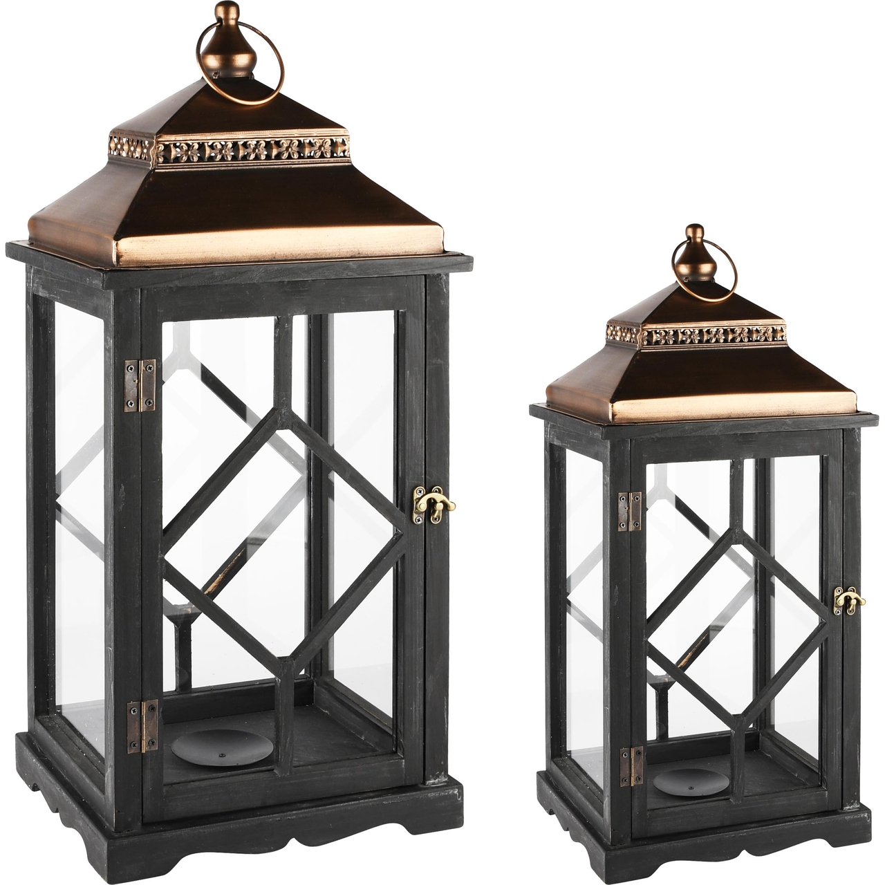 Dekoratief | Set 2 lantaarns zwart/brons, hout/metaal/glas, 27x22x60cm | A235345