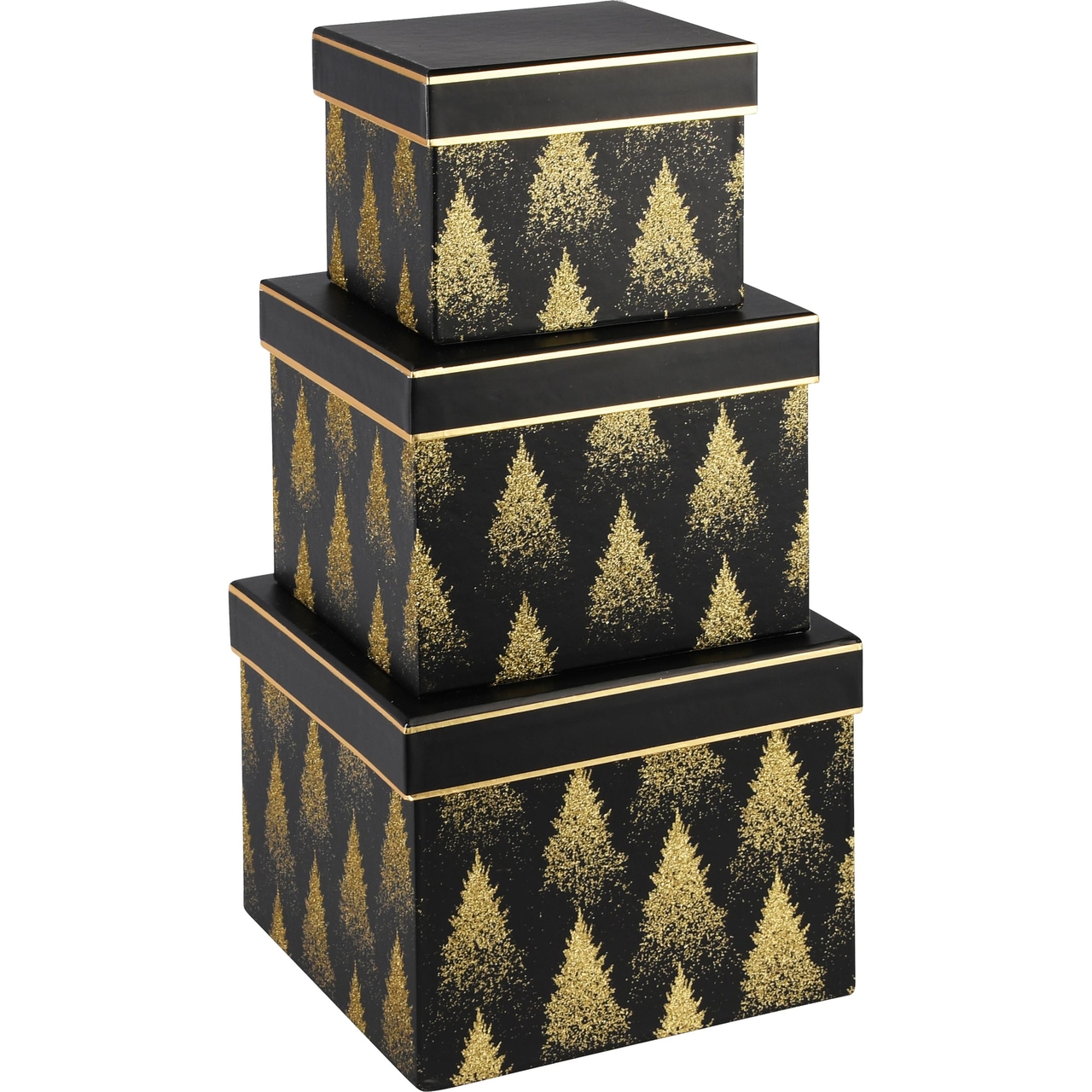 Dekoratief | Set 3 dozen vierkant 'Gold Glitter Trees', zwart/goud, 18x18x14cm | A235594