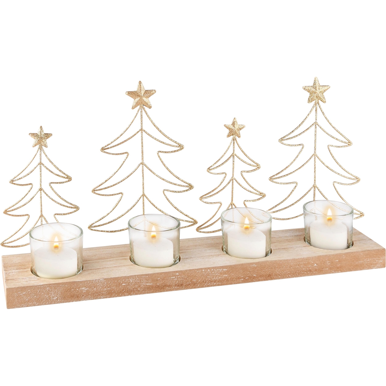 Dekoratief | Tafelstuk m/kerstbomen, goud, metaal/hout/glas, 38x8x20cm | A235645