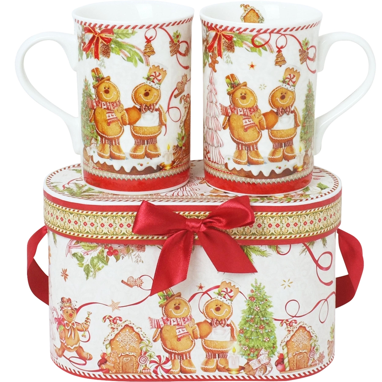 Dekoratief | Set 2 mokken in doos 'Gingerbread', porselein/karton, 19x9x11cm | A235842