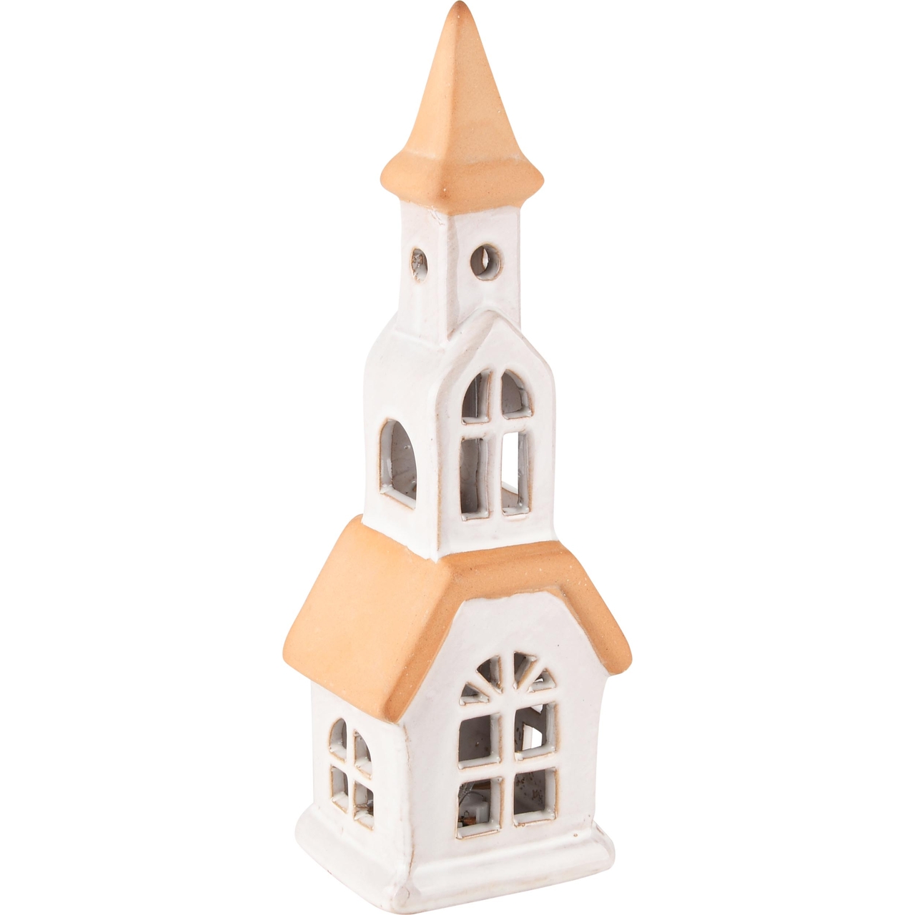 Dekoratief | Deco kerk, wit/oranje, TC, LED, 8x7x23cm | A235916