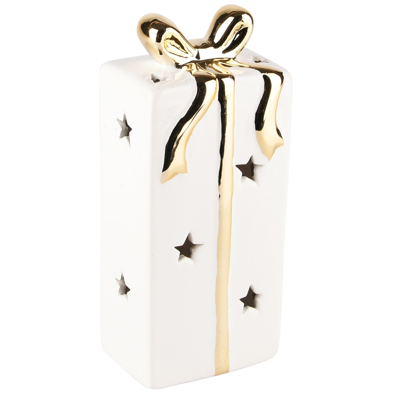 Dekoratief | Cadeautje m/sterren, wit/goud, dolomiet, LED, 7x5x17cm | A235924