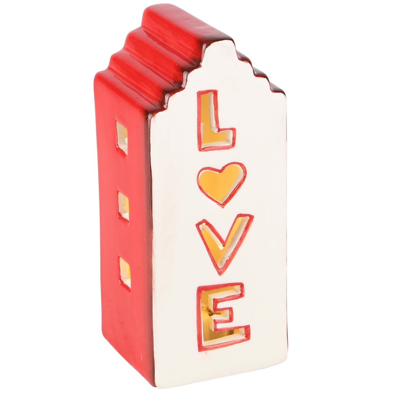 Dekoratief | Deco huisje 'Love', wit/rood, dolomiet, LED, 6x6x14cm | A235964