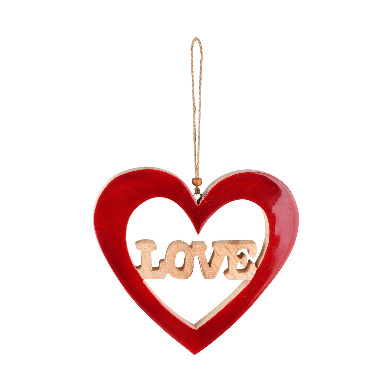 Dekoratief | Hanger hart 'Love', rood/naturel, hout, 12x11x2cm | A238101