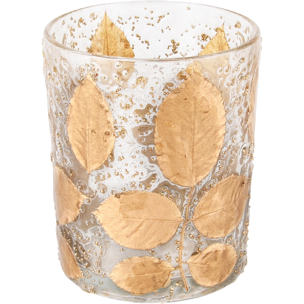 Dekoratief | Theelichthouder 'Golden Leaves', transparant, glas, 10x10x13cm | A238230