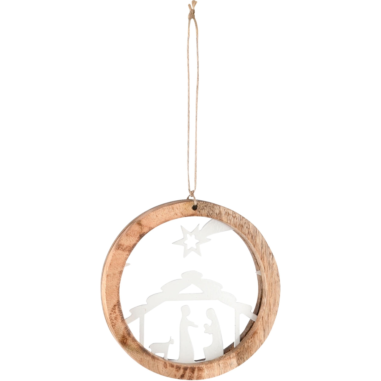 Dekoratief | Hanger rond m/kerststal, wit/naturel, metaal/hout, 10x2x10cm | A238284