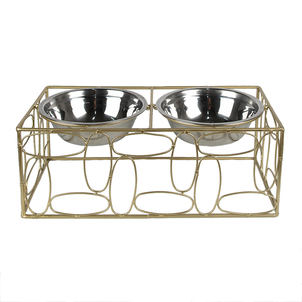 Clayre & Eef | Voerbak Hond Kat Goudkleurig 38x20x13 cm / 2x500 ml | 6Y5429
