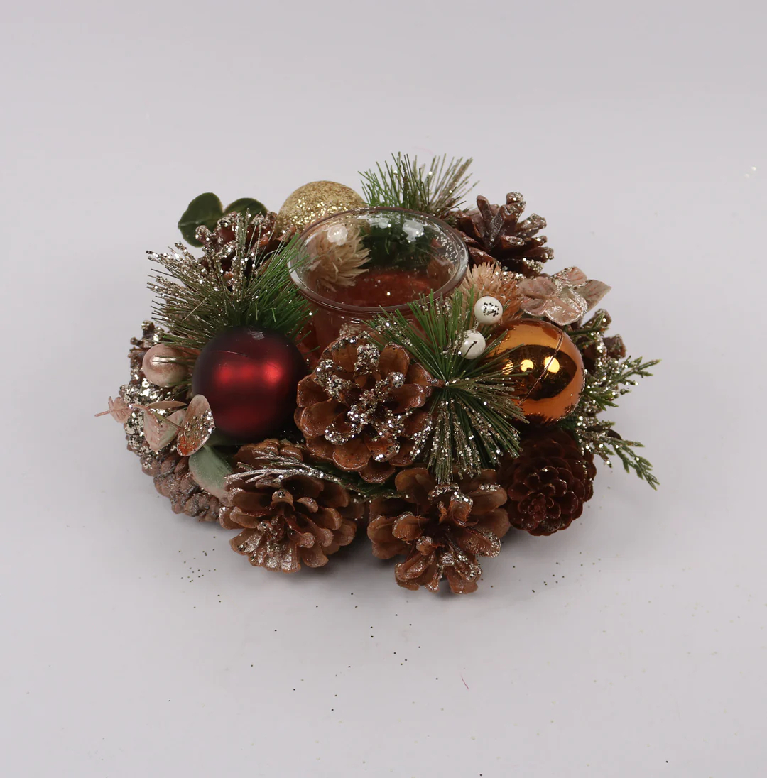 Kerstkrans / stuk 20 cm rond bordeaux rood 1 theelichthouder & dennenappels groen blad | NFT-65527 | La Galleria