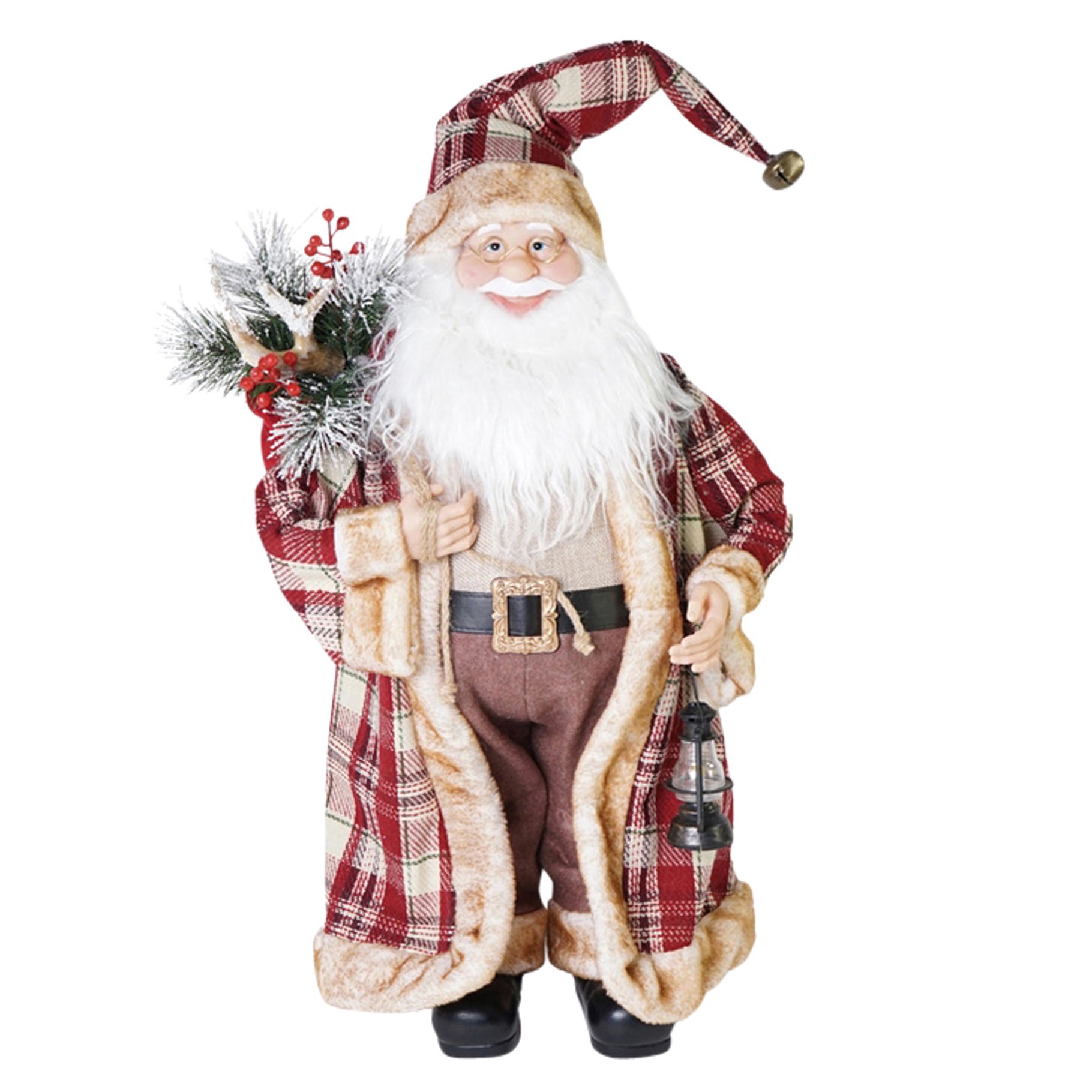 Dekoratief | Santa kerstman staand m/geruite jas, bordeaux, polyester, 65cm | A239027