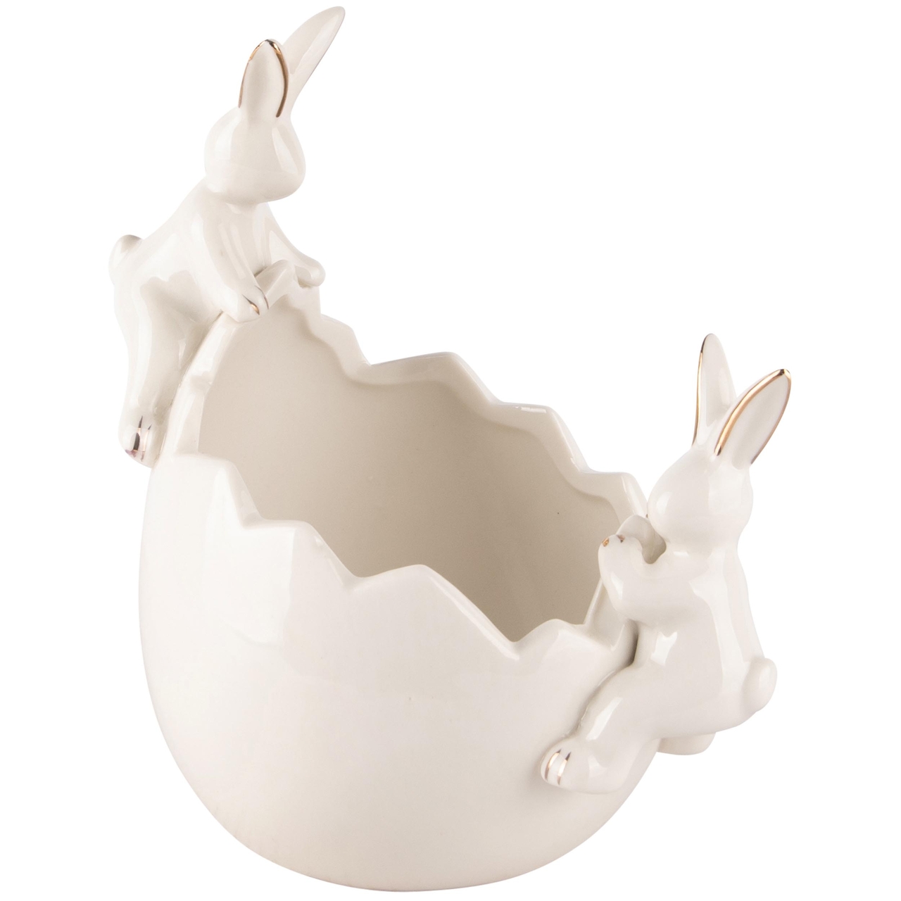 Dekoratief | Open ei m/bunny's, wit/goud, porselein, 13x10x15cm | A240156