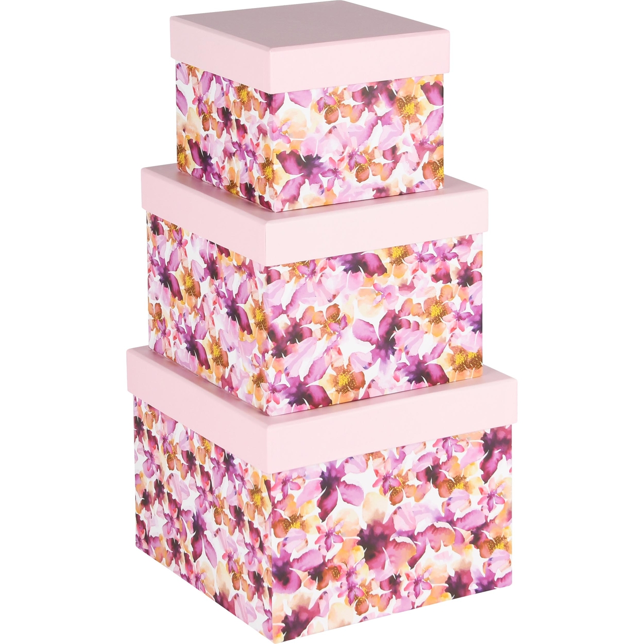 Dekoratief | Set 3 dozen vierkant 'Purple Flowers Fair', karton, 18x18x14cm | A240215
