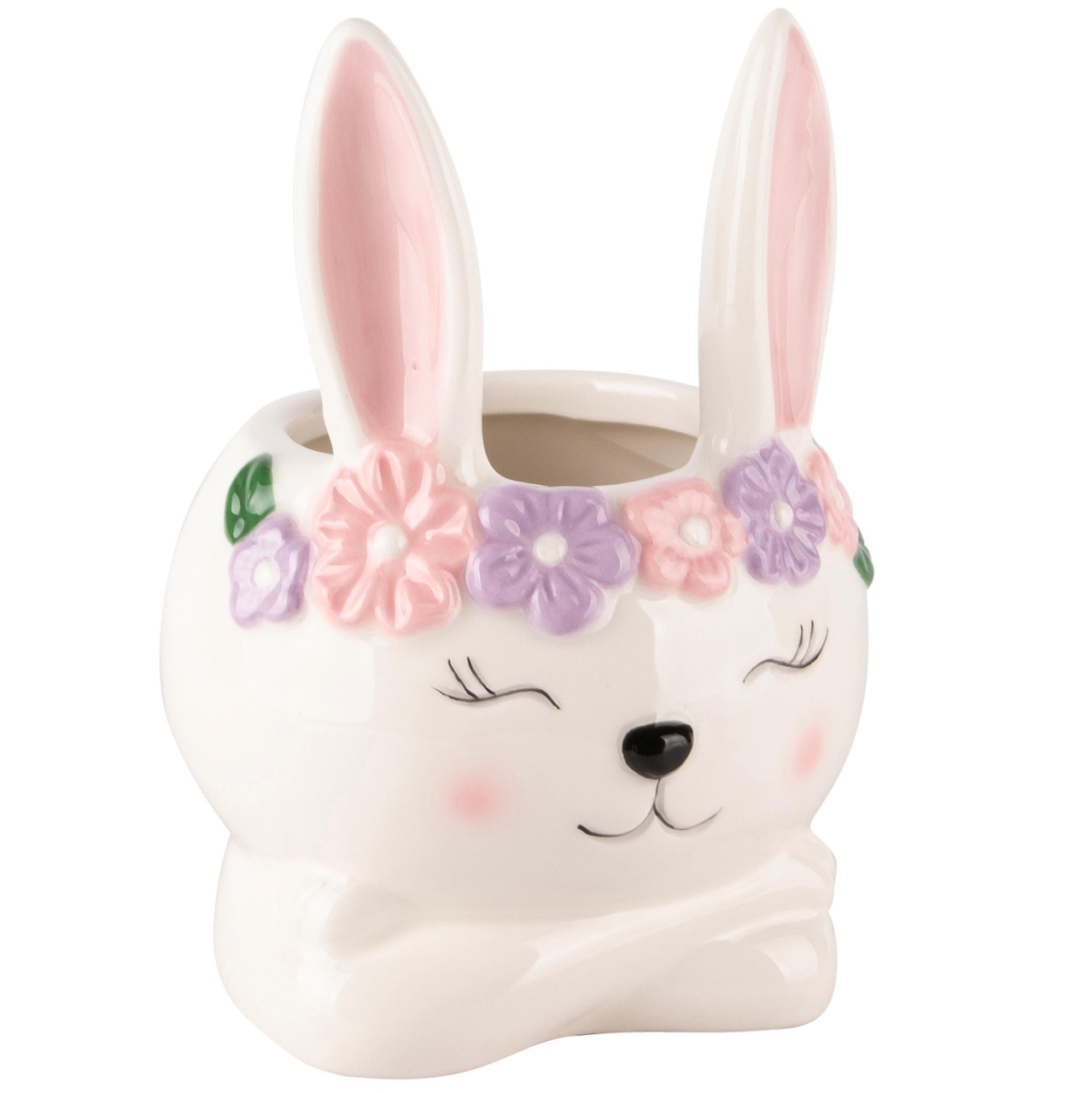 Dekoratief | Pot bunny m/bloemen, wit/lila, keramiek, 9x9x13cm | A240364
