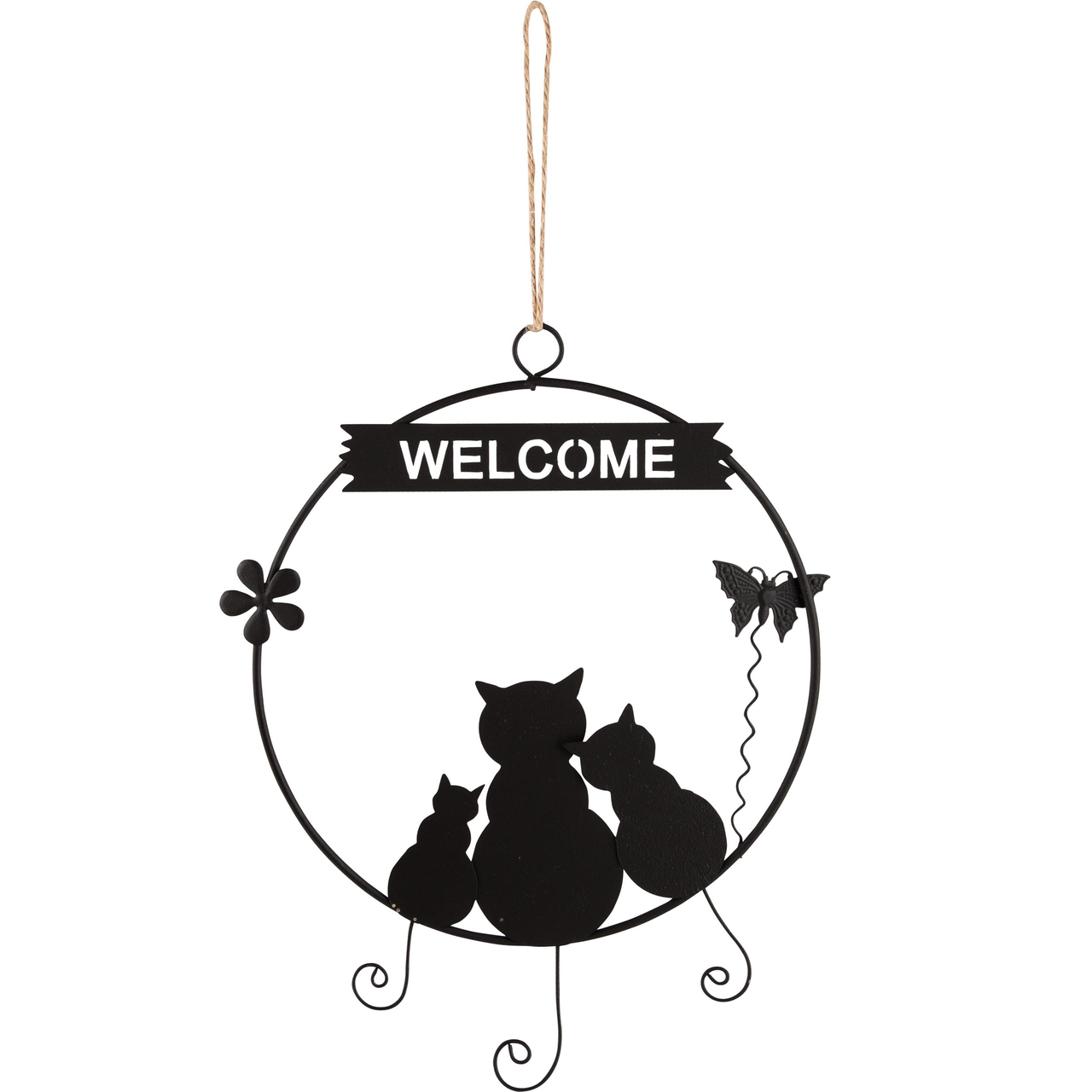 Dekoratief | Hanger ring m/poezen 'Welcome', zwart, metaal, 23x19cm | A240544