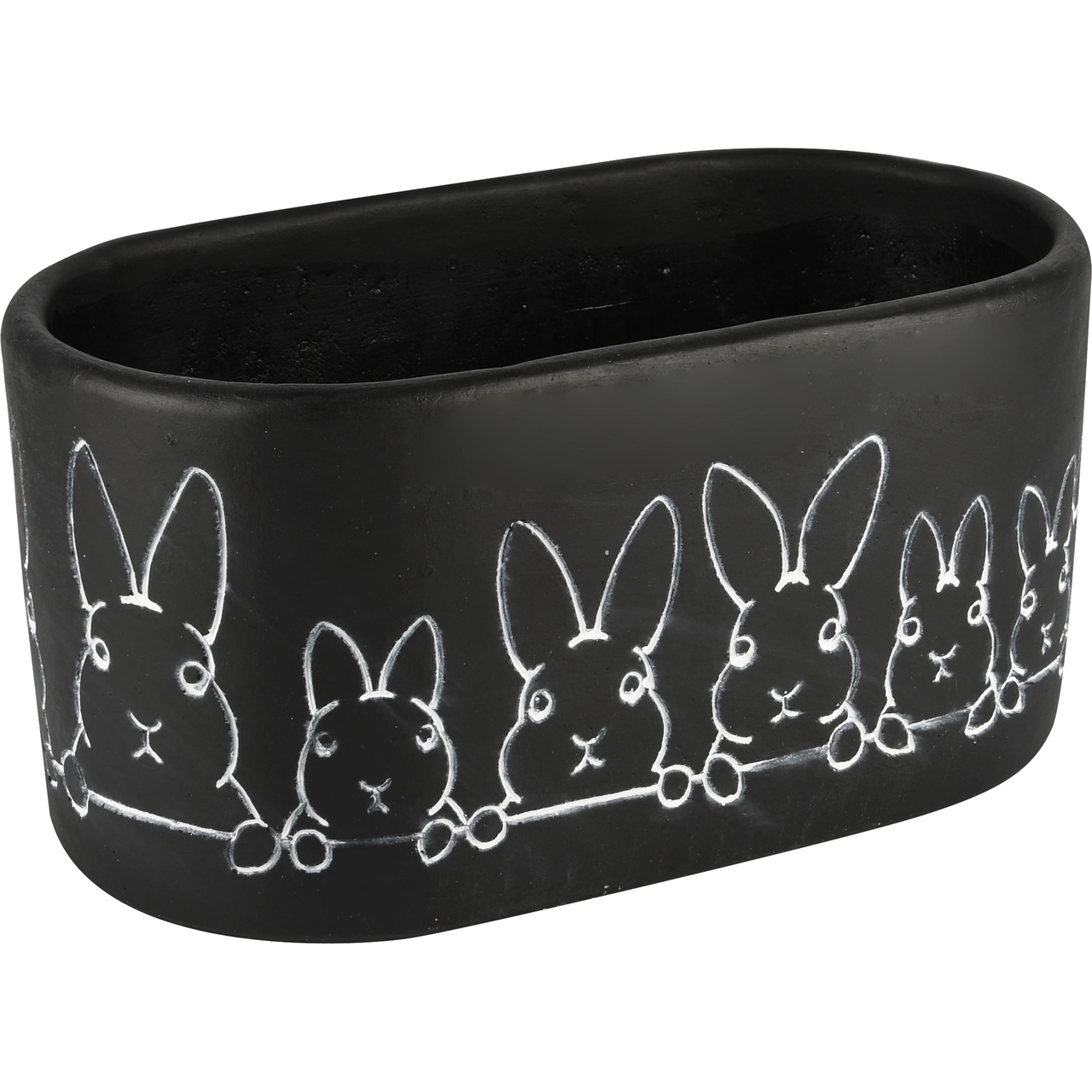 Dekoratief | Bloempot ovaal m/bunny's, zwart, cement, 27x15x13cm | A240798